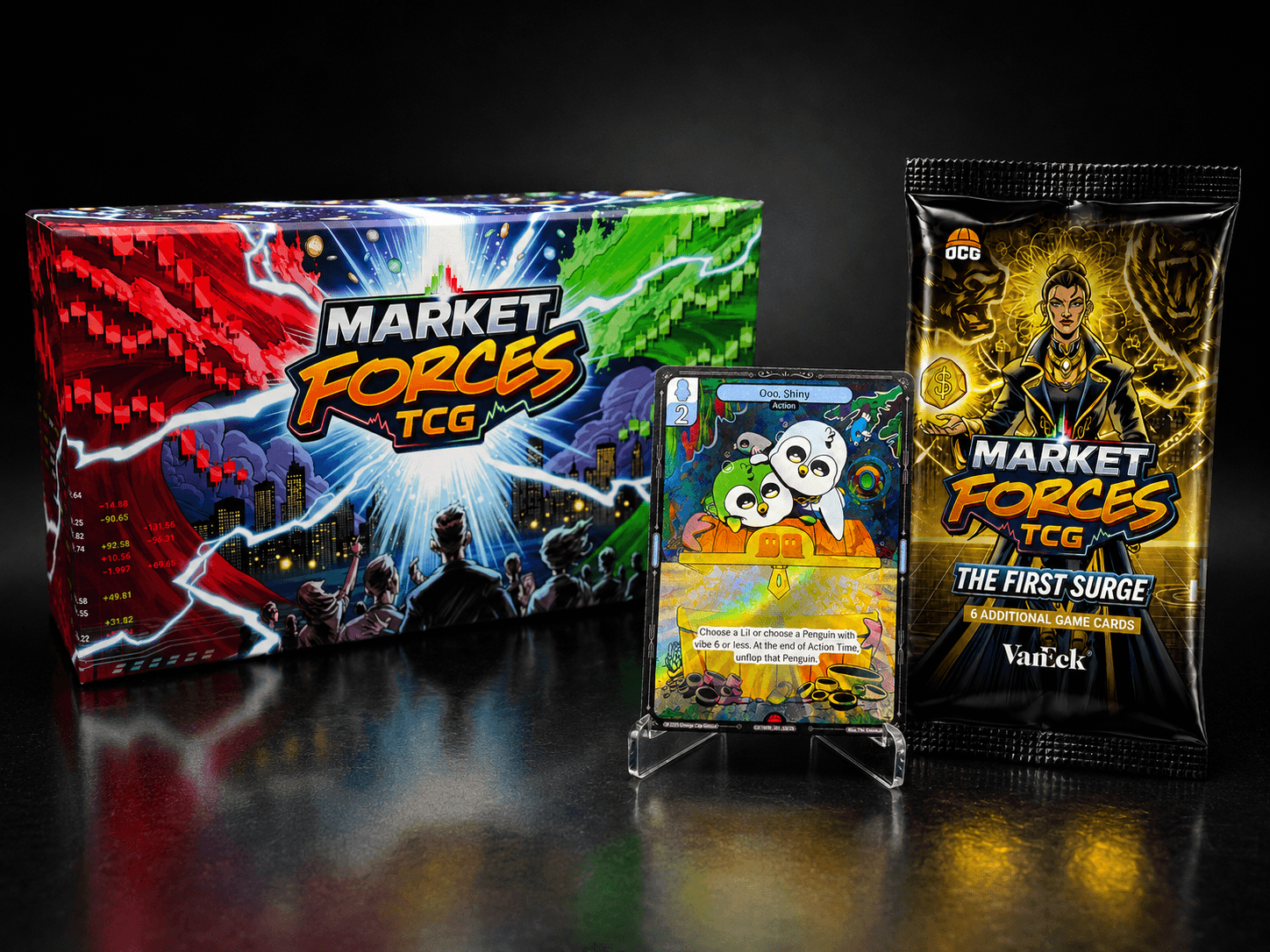 The Card Party x Vibes TCG Exclusive package with the Market Forces Box Set, an additional booster pack, and the exclusive Ooo, shiny promo card